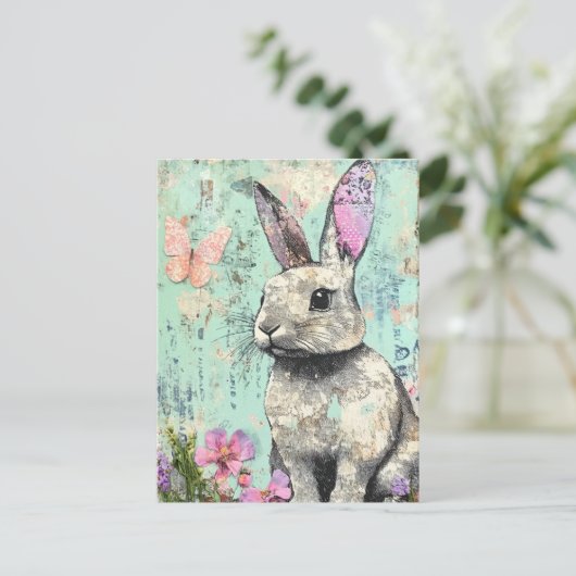Mixed Media Konijn Roze Vlinder en Bloemen Briefkaart (Staand voorkant)