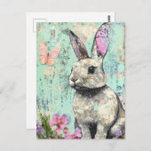 Mixed Media Konijn Roze Vlinder en Bloemen Briefkaart (Voorkant / Achterkant)