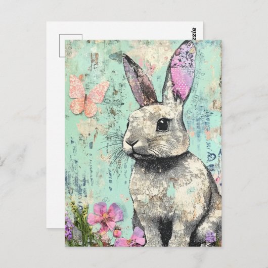 Mixed Media Konijn Roze Vlinder en Bloemen Briefkaart (Voorkant / Achterkant)