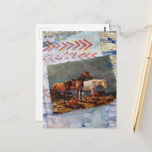 Mixed Media Retro Paarden Collage Briefkaart (Voorkant / Achterkant in situ)