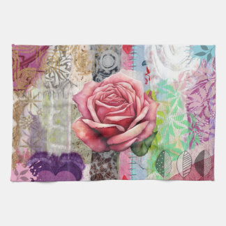 Mixed Media Rose Floral Collage Kitchen Towel Theedoek