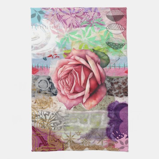Mixed Media Rose Floral Collage Kitchen Towel Theedoek (Verticaal)