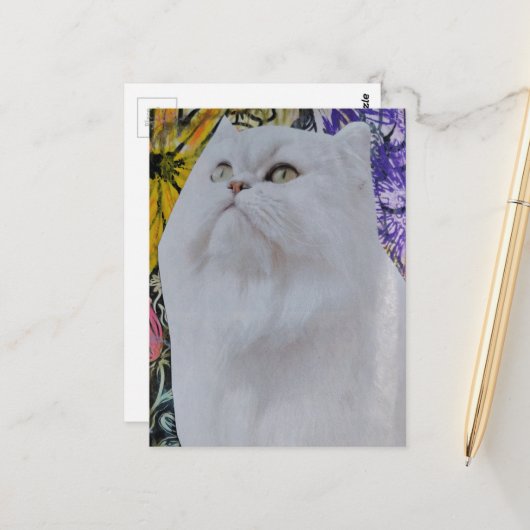 Mixed Media Witte Kat in Bloemen collage Briefkaart (Voorkant / Achterkant in situ)