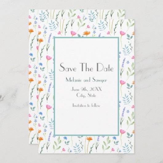 MIxed Waterverf Wildbloemen Patroon Save The Date (Voorkant / Achterkant)