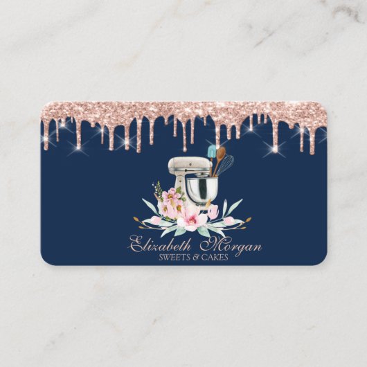 Mixer Bloemen Glitter Drips Bakkerij Navy Blue Visitekaartje (Voorkant)