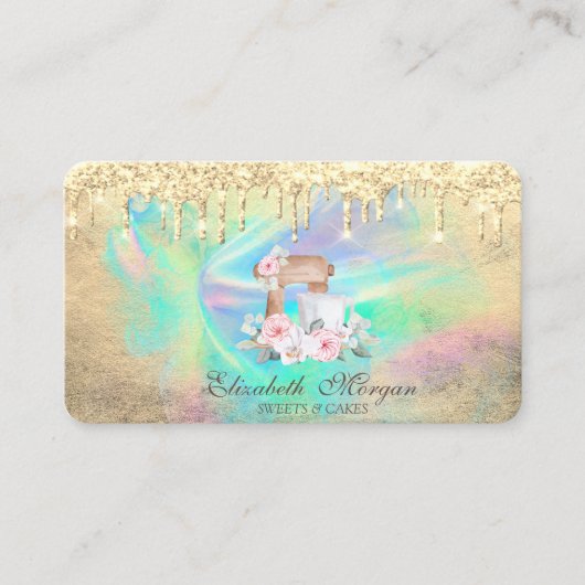 Mixer Bloemen Gouden Drips Holografische Inkt Bakk Visitekaartje (Voorkant)