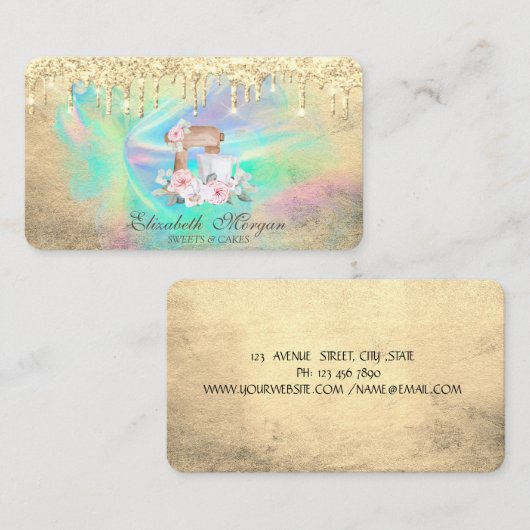 Mixer Bloemen Gouden Drips Holografische Inkt Bakk Visitekaartje (Voorkant / Achterkant)