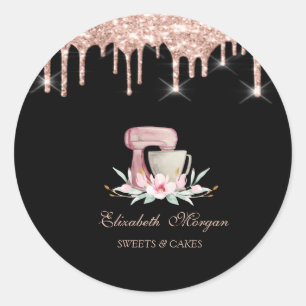 Mixer Bloemen Roze Goud Druppels Bakkerij Zwart Ronde Sticker