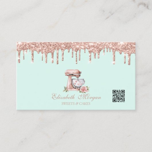 Mixer Harten Bloemen Rose Goud Drips QR Code Visitekaartje (Voorkant)