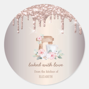 Mixer Rozen, Roze Goud Glitter Druppels Bakkerij Ronde Sticker