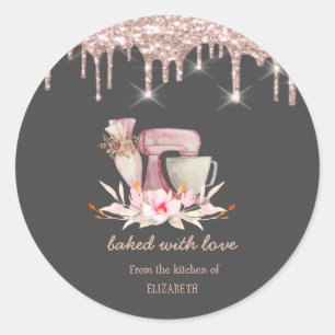 Mixer, Spuitzak Bloemen Roze Gouden Druppels Bakke Ronde Sticker