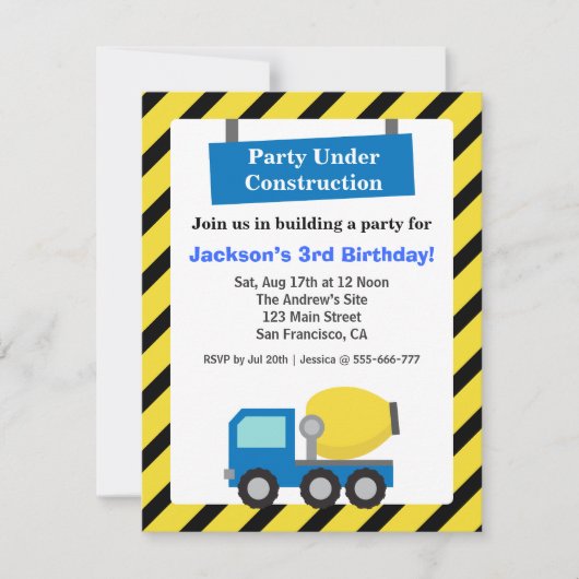 Mixer Truck Construction Theme Children Birthday P Kaart (Voorkant)