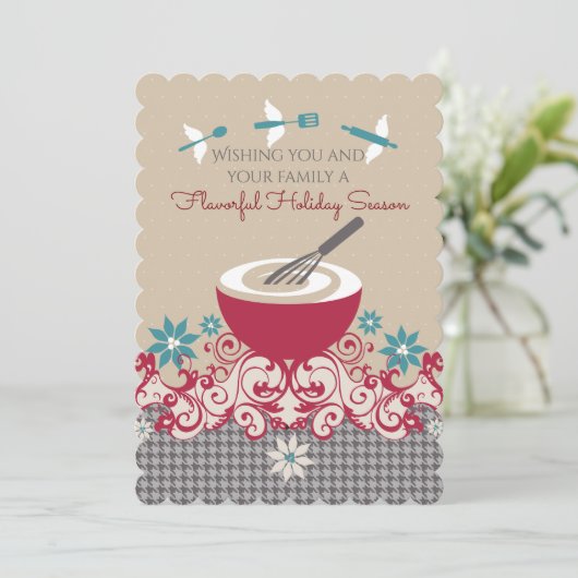 Mixing bowl whisk vliegende gebruiksvoorwerpen ker feestdagenkaart (Staand voorkant)