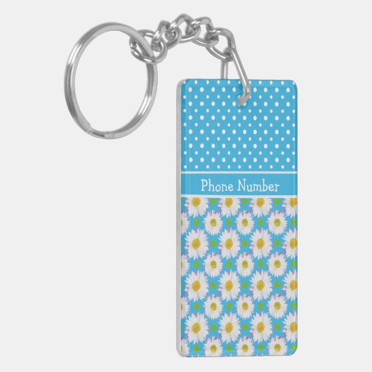 Mix'n'match Polka Dot en Daisy Patterns op blauw Sleutelhanger (Voorkant Links)