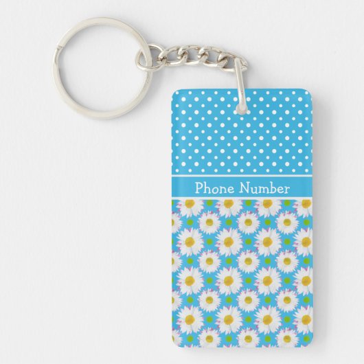 Mix'n'match Polka Dot en Daisy Patterns op blauw Sleutelhanger (Voorkant)