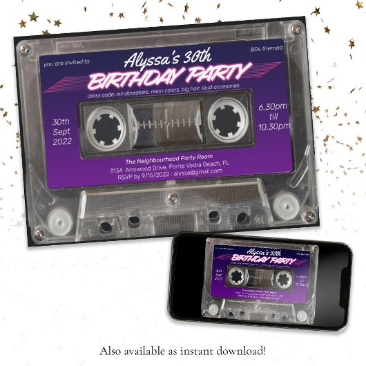 Mixtape Cassette Retro 80s Neon Paarse Party Kaart