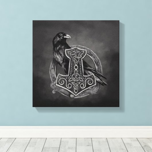 Mjolnir - De hamer van Thor en raaf Canvas Afdruk (Insitu (Houten vloer))