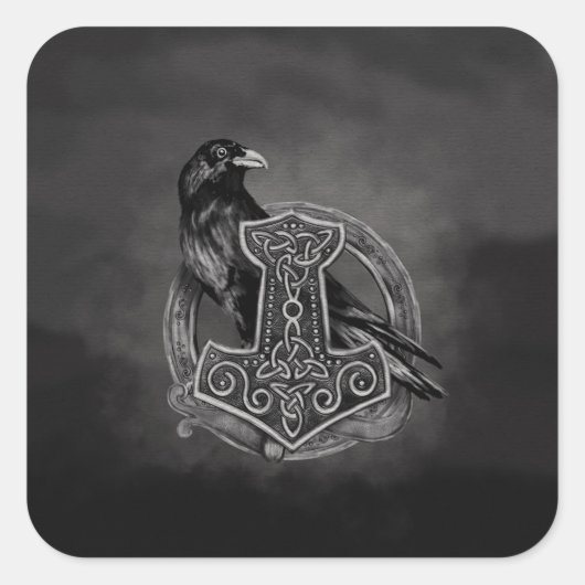 Mjolnir - De hamer van Thor en raaf Vierkante Sticker (Voorkant)