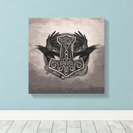 Mjolnir De hamer van Thor en raven Canvas Afdruk (Insitu (Houten vloer))