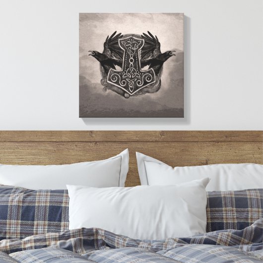Mjolnir De hamer van Thor en raven Canvas Afdruk (Insitu (Slaapkamer))