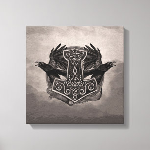 Mjolnir De hamer van Thor en raven Canvas Afdruk