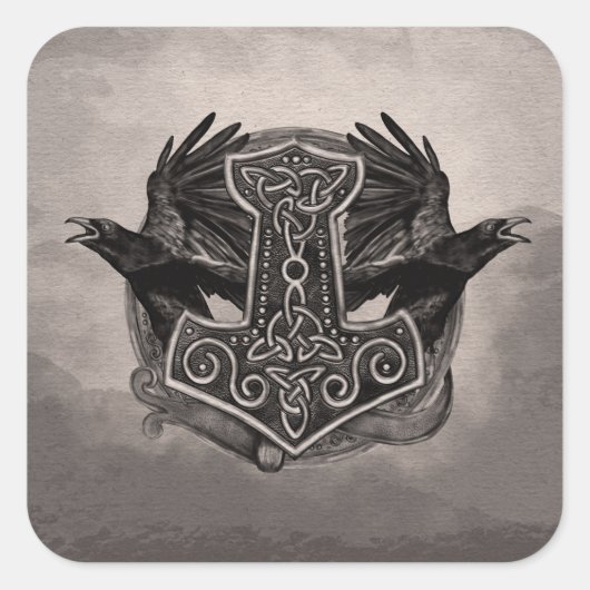 Mjolnir De hamer van Thor en raven Vierkante Sticker (Voorkant)