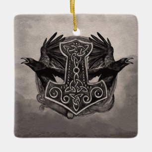 Mjolnir De hamer van Thor en ravens Keramisch Ornament