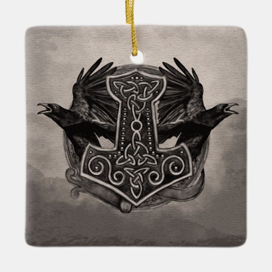 Mjolnir De hamer van Thor en ravens Keramisch Ornament (Voorkant)