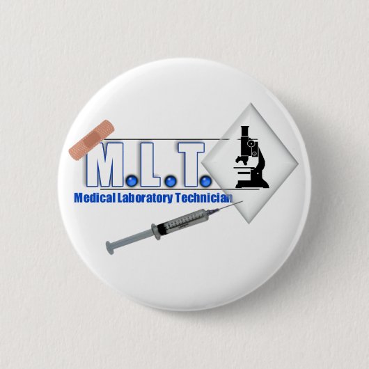 MLT LOGO W/MICROSCOPE - MEDISCH LABORATORIUMTECH RONDE BUTTON 5,7 CM (Voorkant)
