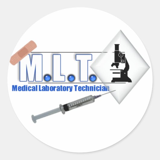 MLT LOGO W/MICROSCOPE - MEDISCH LABORATORIUMTECH RONDE STICKER (Voorkant)