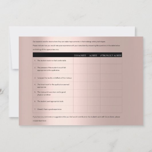 MM Model Feedbackformulier Makeup Roos Estheticien Kaart (Achterkant)