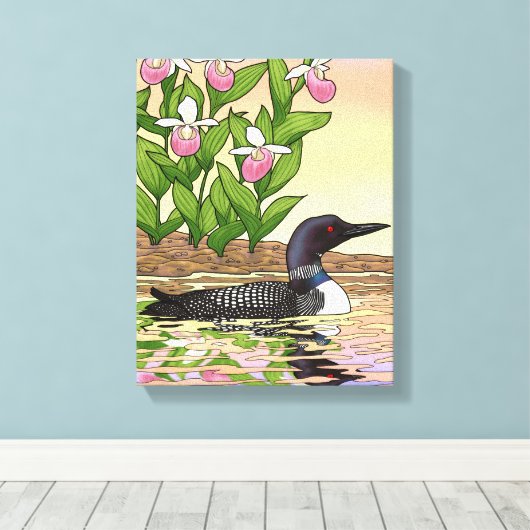 MN State Bird Flower Loon Lady Slipper Canvas Afdruk (Insitu (Houten vloer))