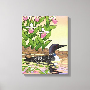 MN State Bird Flower Loon Lady Slipper Canvas Afdruk