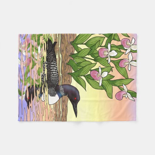 MN State Bird Flower Loon Lady Slipper Fleece Deken (Voorkant (Horizontaal))