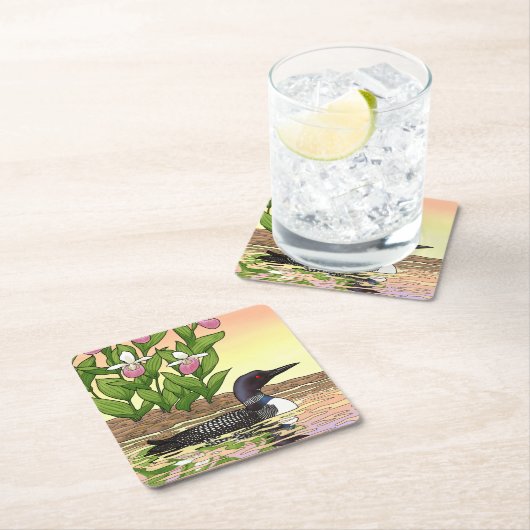 MN State Bird Flower Loon Lady Slipper Kartonnen Onderzetters (Insitu)