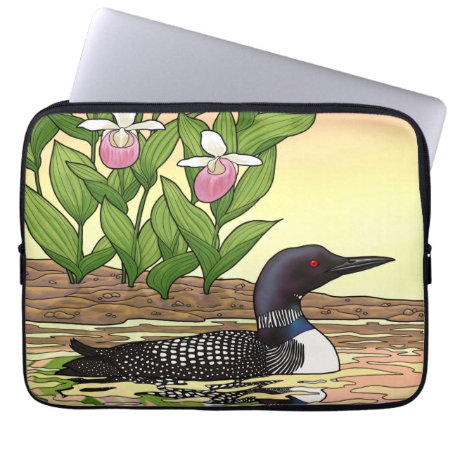MN State Bird Flower Loon Lady Slipper Laptop Sleeve (Voorkant)