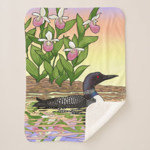 MN State Bird Flower Loon Lady Slipper Sherpa Deken
