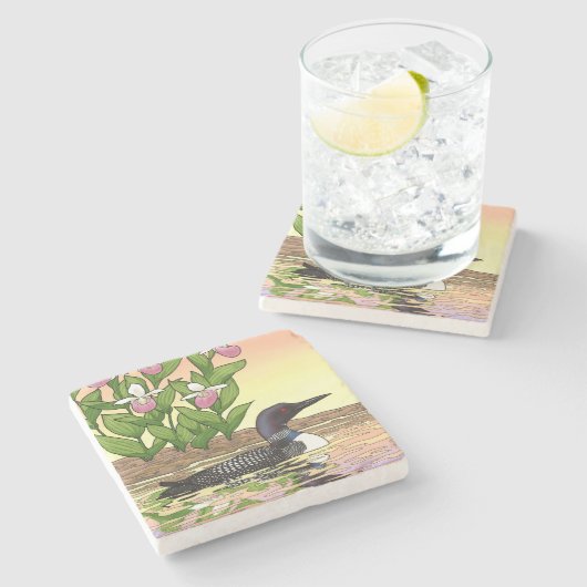 MN State Bird Flower Loon Lady Slipper Stenen Onderzetter (Zijkant)