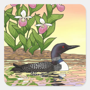 MN State Bird Flower Loon Lady Slipper Vierkante Sticker