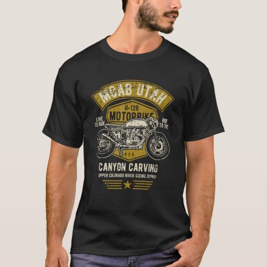 Moab Utah U 128 Retro Motorcycle Canyon Carving De T-shirt (Voorkant)
