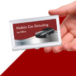 Mobiele automatische details visitekaarthouder<br><div class="desc">Cool mobiel auto detailing visitekaartje presentatie hoesje gemaakt met een bedrukt zilver metallic design element en koele auto met glanzende afwerking samen met een eenvoudige lay-out met tekst die u kunt aanpassen met uw eigen woorden.</div>