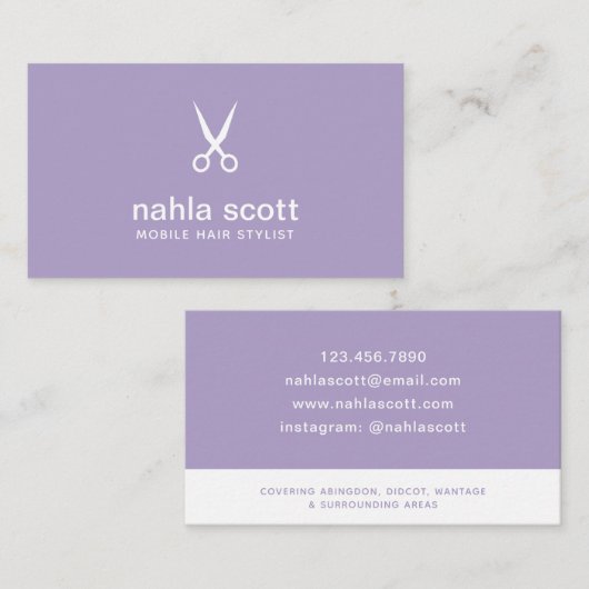 Mobiele haarstaartschaar Moderne Paarse schaar Visitekaartje (Voorkant / Achterkant)
