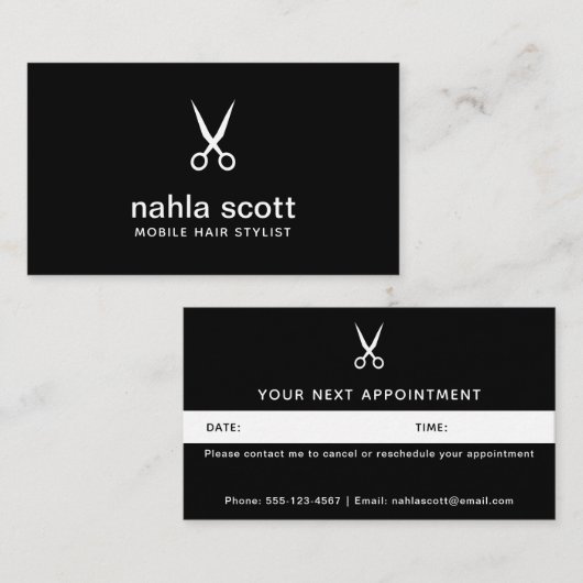 Mobiele haarstylist moderne zwarte schaar afsprakenkaartje (Voorkant / Achterkant)