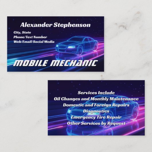 Mobiele Mechanische Auto Reparatie Shop Paarse Neo Visitekaartje (Voorkant / Achterkant)