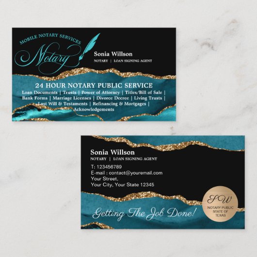 Mobiele notaris & Lening Signing Agent Blauwgroen Visitekaartje (Voorkant / Achterkant)