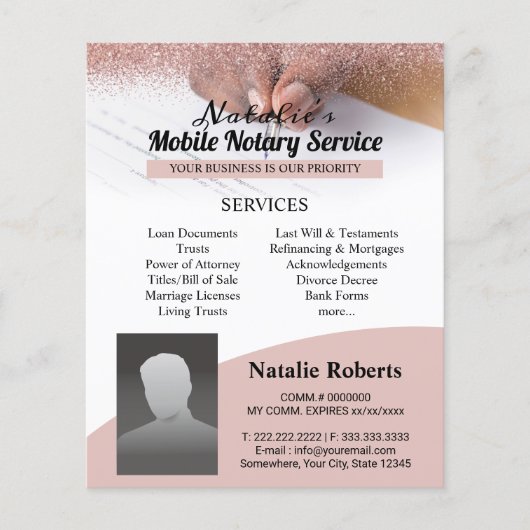 Mobiele Notaris & Lening Signing Agent Roze Glitte Flyer (Voorkant)