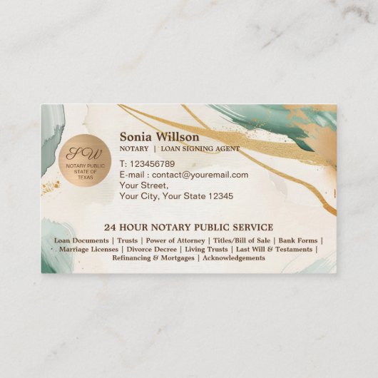 Mobiele notaris & Lening Signing Agent Sage Green Visitekaartje (Achterkant)