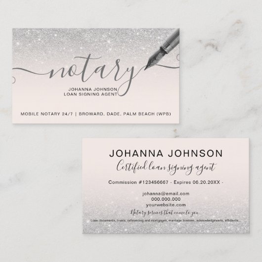 Mobiele Notaris lening zilver glitter typografie Visitekaartje (Voorkant / Achterkant)