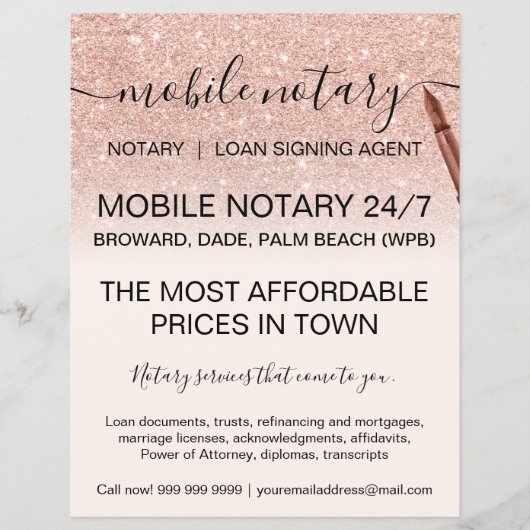 Mobiele notaris roos goud glitter ombre flyer (Voorkant)