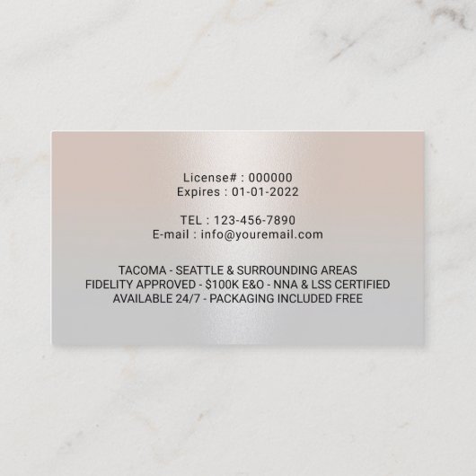 Mobiele notaris Signing Agent Classy Zilveren Foto Visitekaartje (Achterkant)